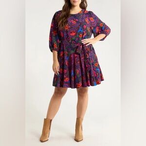 Sugarlips Vivid Floral Navy Tie Waist Lined Crew Neck Pull On Mini Dress 1X